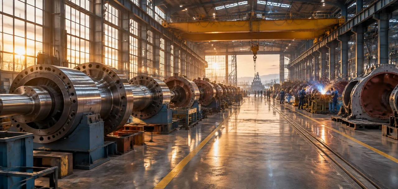 A vast heavy-manufacturing hall: a line of machined steel rotors under an overhead gantry crane, warm daylight through high bay windows