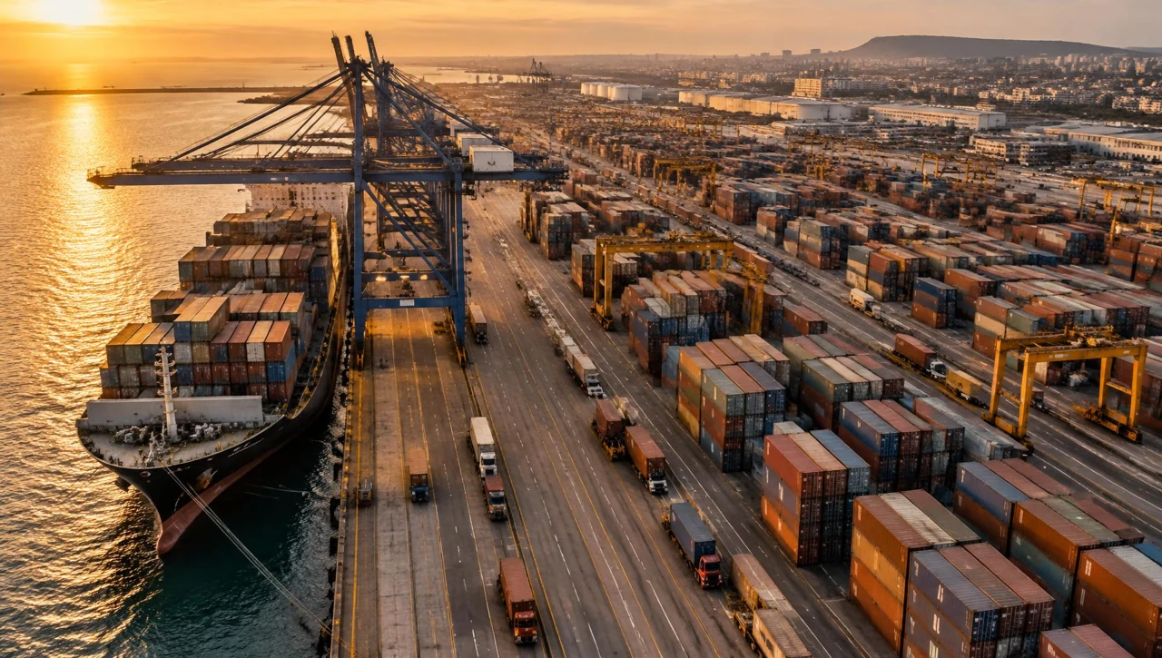 Aerial view of a large African container port at golden hour: gantry cranes loading a cargo vessel beside thousands of stacked containers and trucks moving along the quay