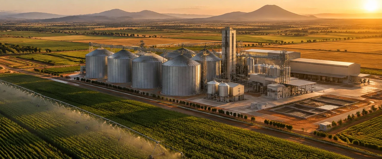 Aerial view of a large African agricultural processing complex: grain silos and a modern plant beside vast irrigated fields in warm evening light